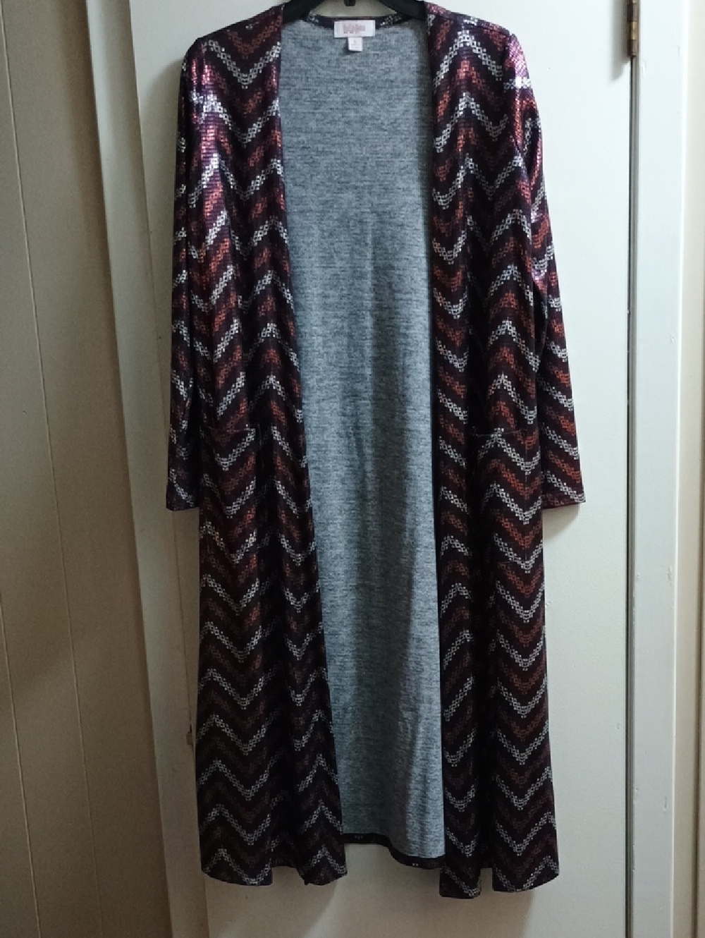 LuLaRoe Long Open-Front Cardigan - Burgundy, Black, Gray Chevron